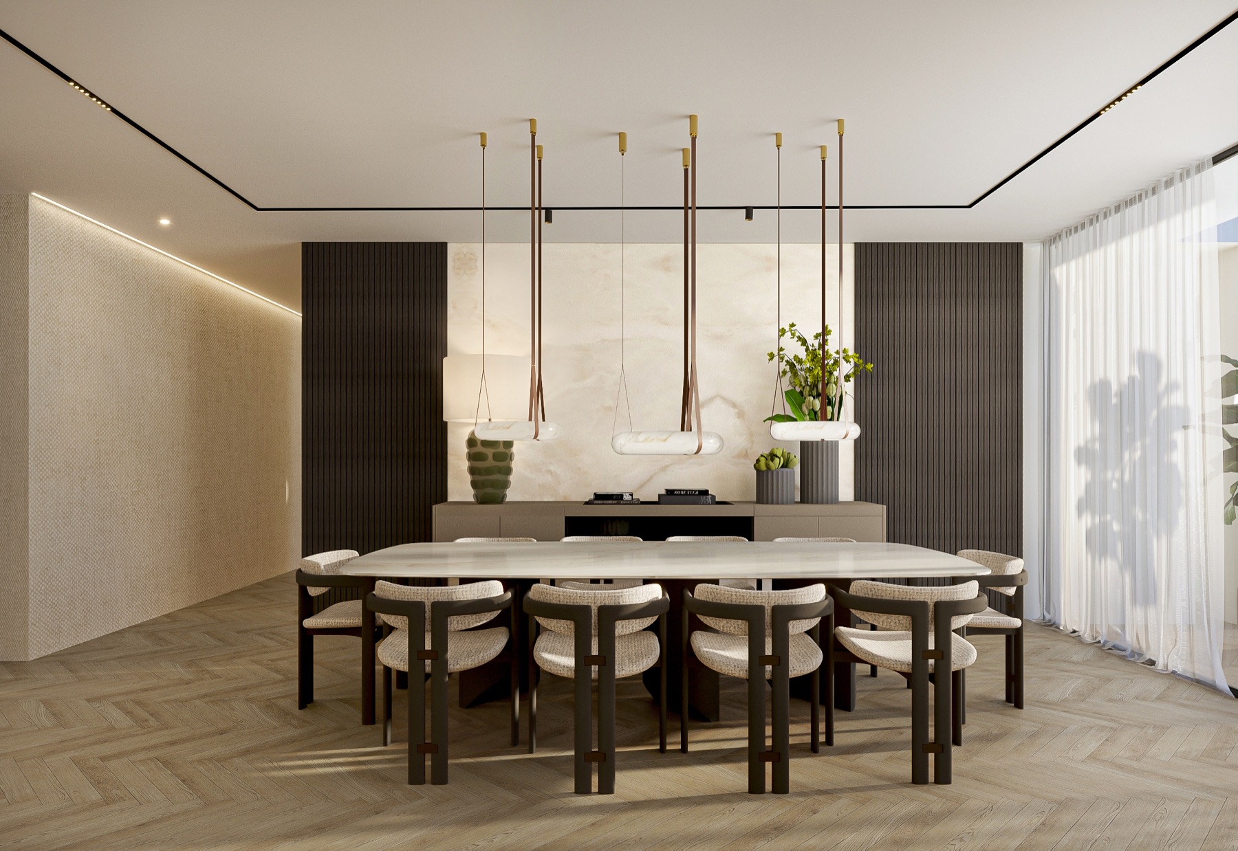 Sala de jantar com mesa oval e painel em madeira