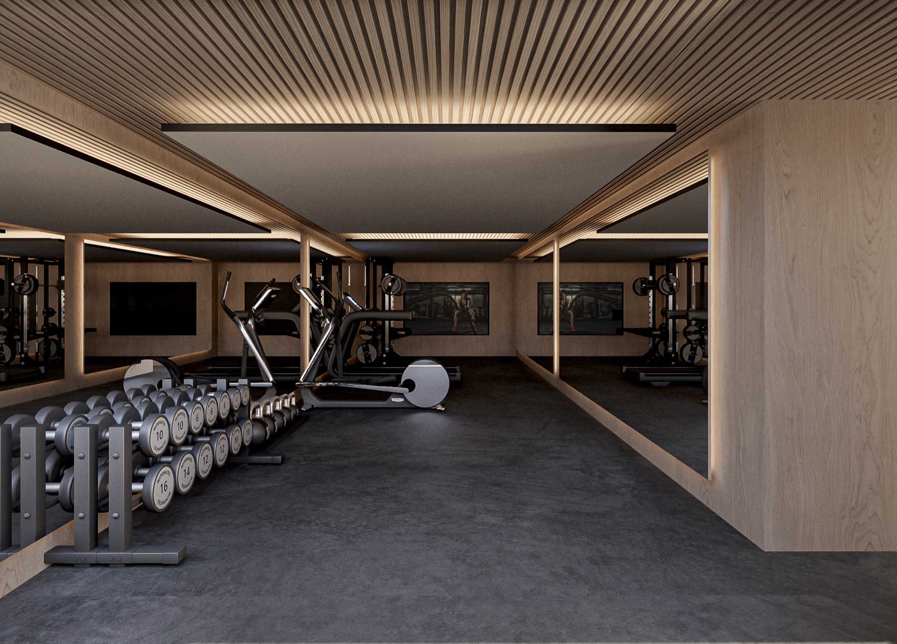 Ginásio com equipamento de cardio e pesos