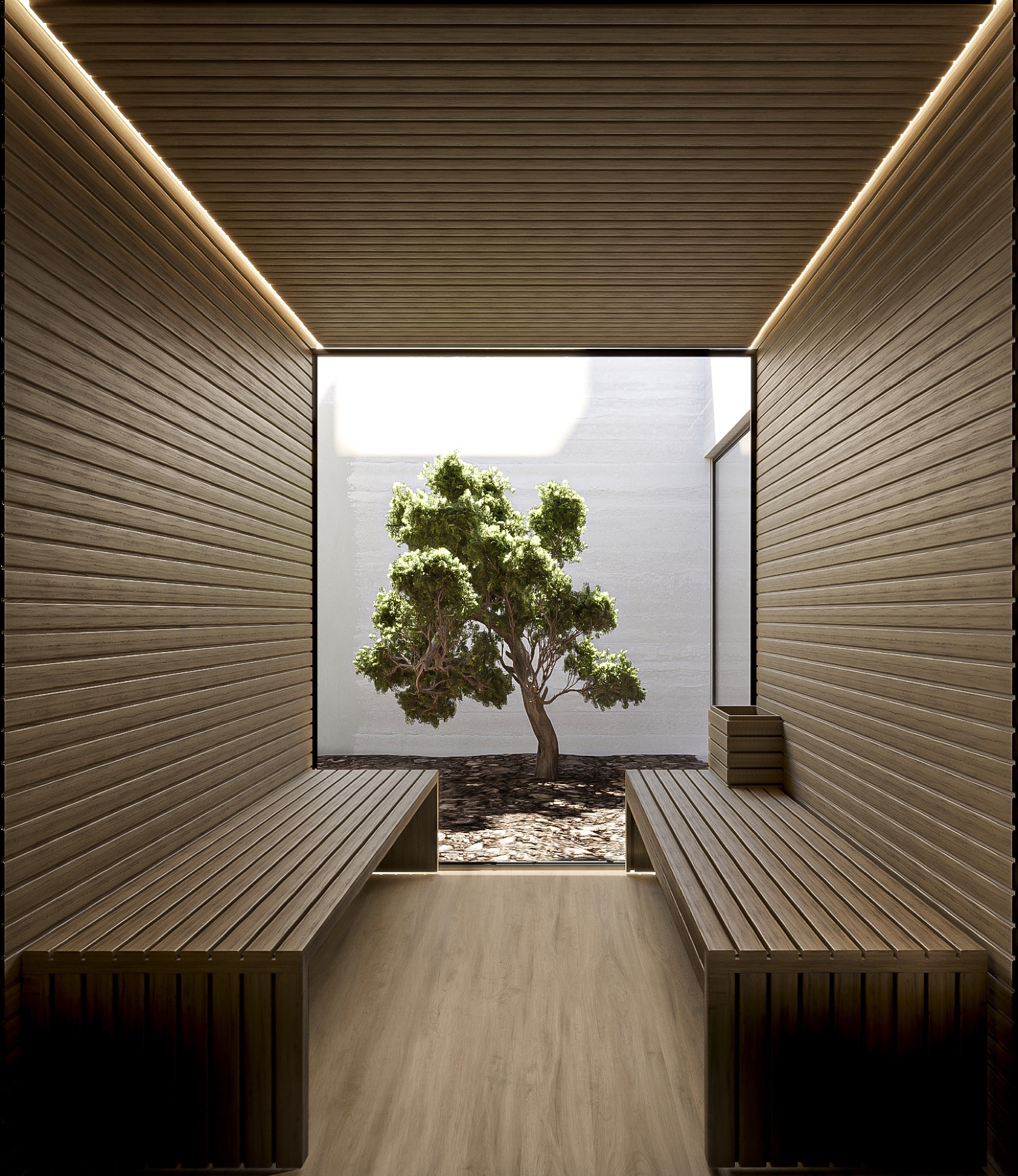 Sauna em madeira com pátio interior ajardinado