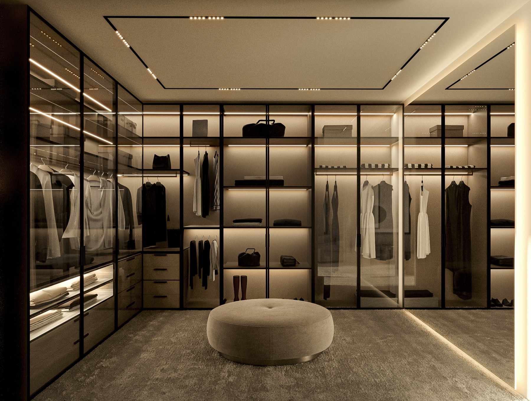 Closet com armários em vidro escuro e iluminação integrada