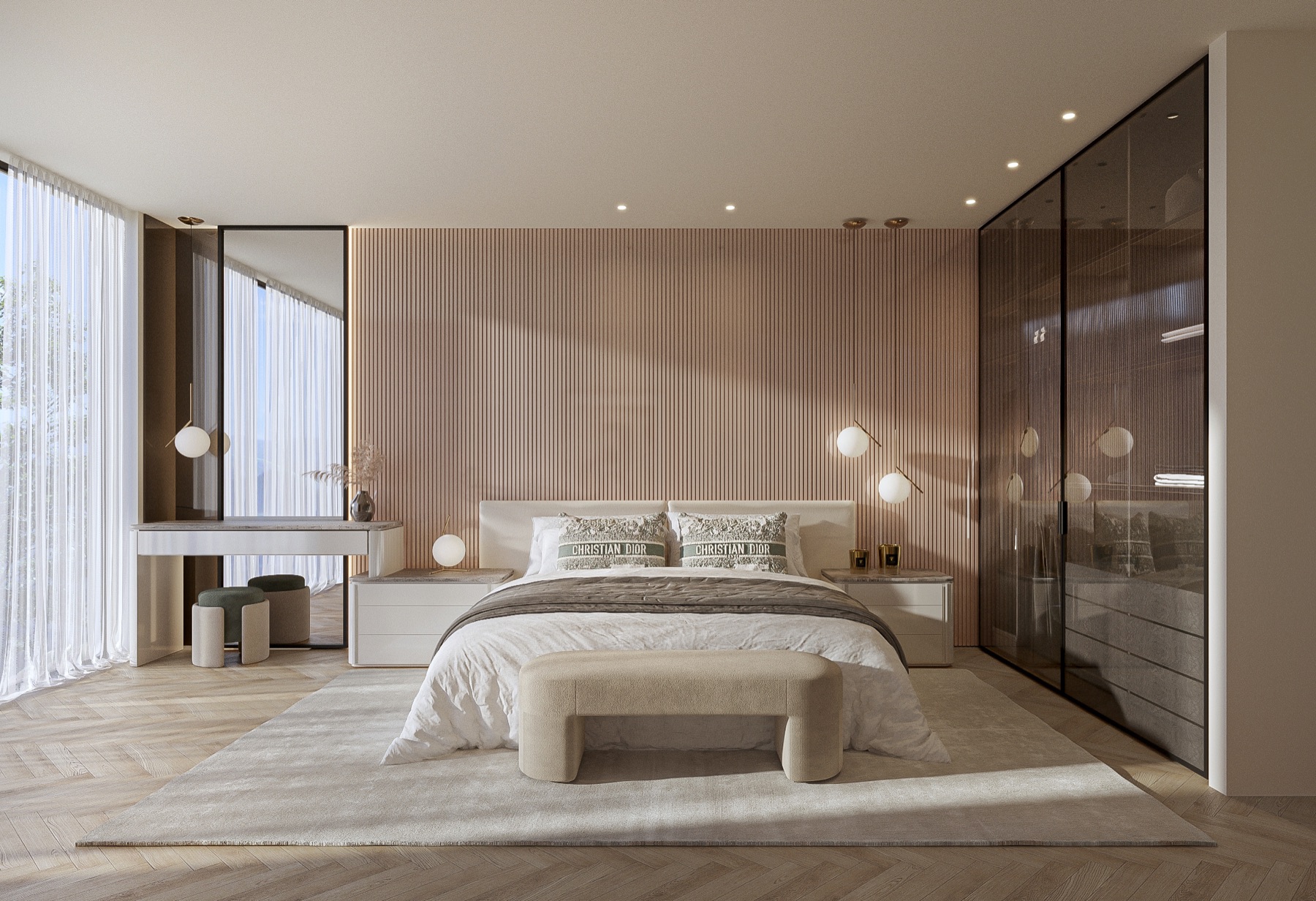 Quarto com toucador e acesso à varanda