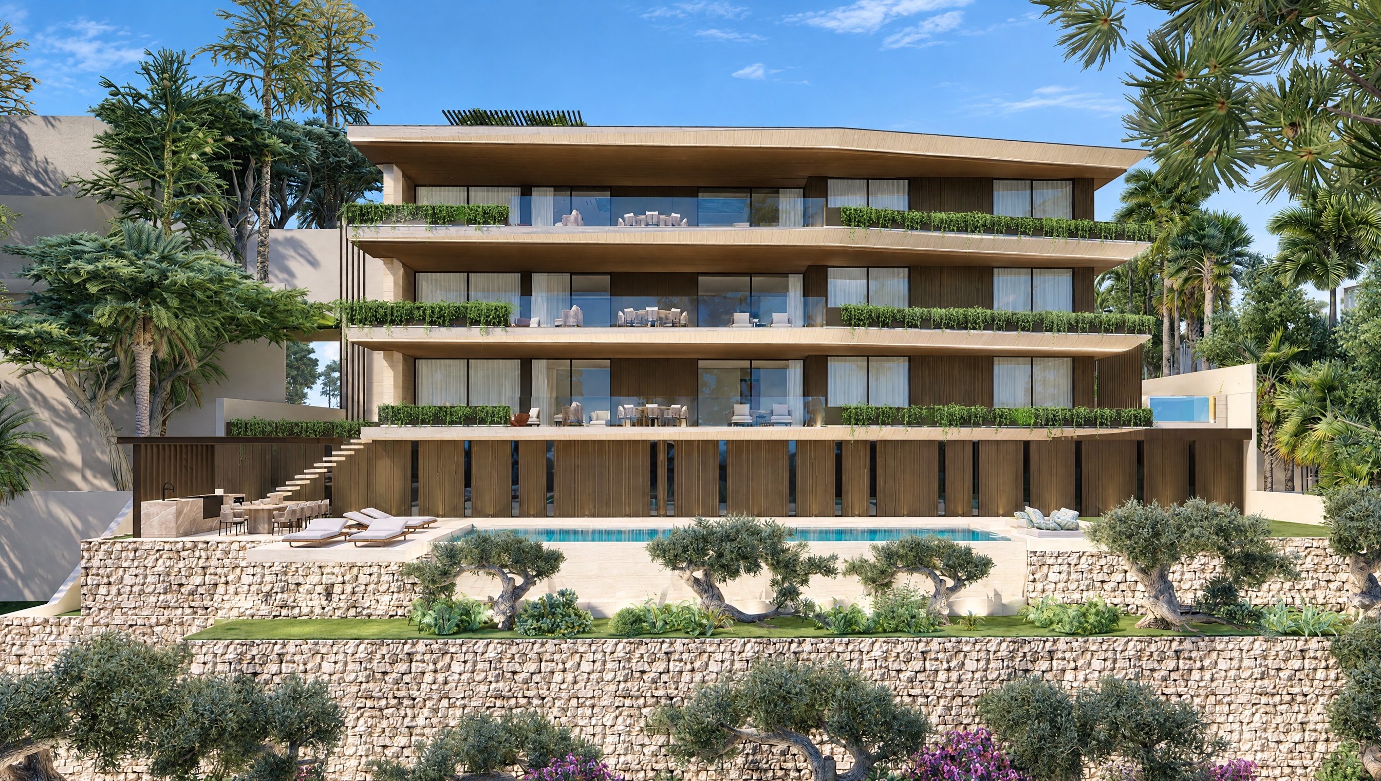 Fachada do edifício Avando Properties, com varandas ajardinadas e piscina exterior